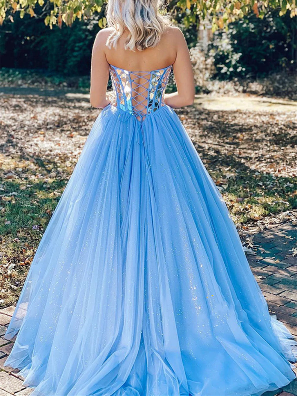Abito lungo a linea A senza spalline con paillettes e tulle, vestito da sera blu formale per laurea