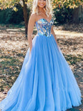 Abito lungo a linea A senza spalline con paillettes e tulle, vestito da sera blu formale per laurea