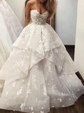Long A-Line Strapless Sweep Brush Train Lace Tulle Wedding Dresses
