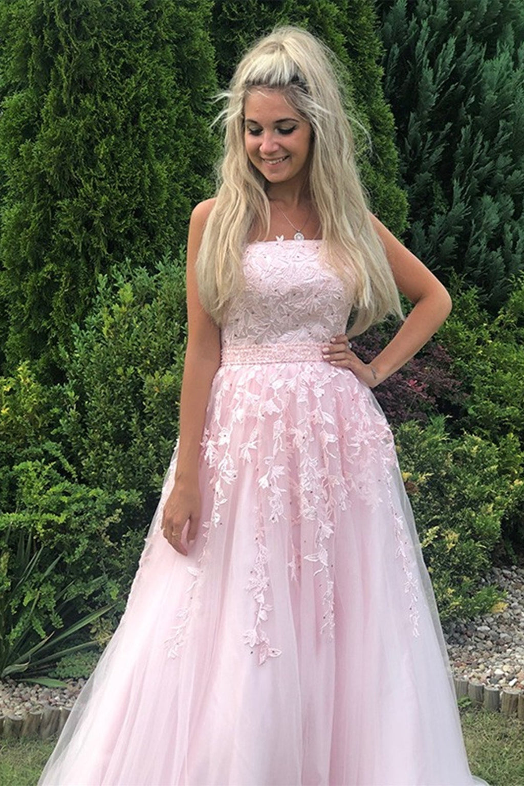 Robe de bal longue en tulle et dentelle, sans bretelles, coupe évasée, rose, tenue de soirée formelle pour remise de diplômes
