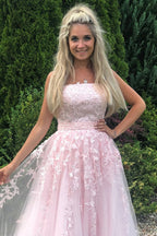 Robe de bal longue en tulle et dentelle, sans bretelles, coupe évasée, rose, tenue de soirée formelle pour remise de diplômes