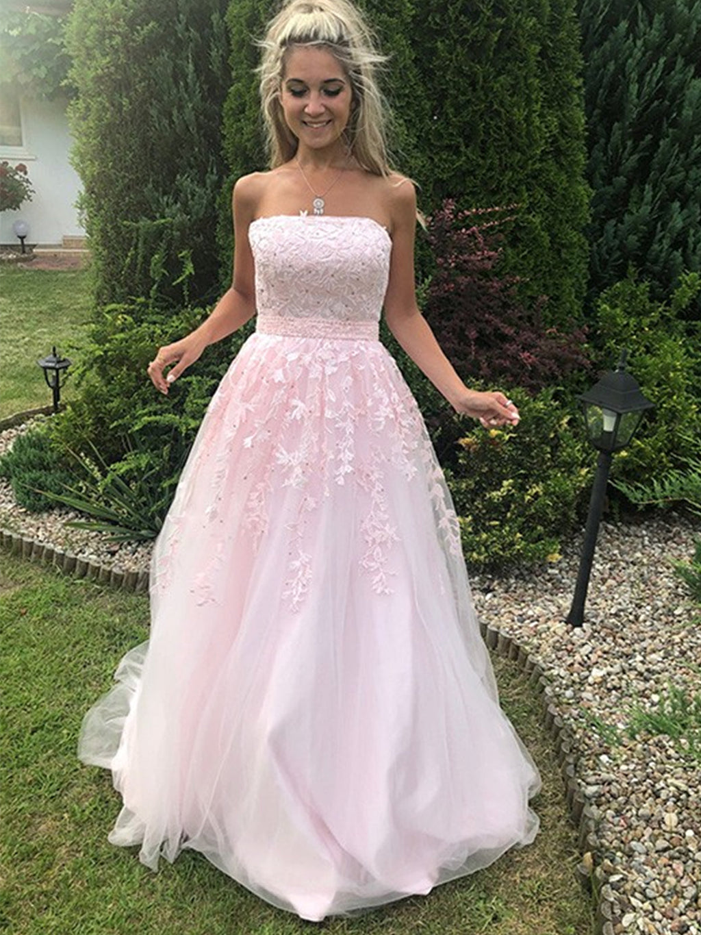 Robe de bal longue en tulle et dentelle, sans bretelles, coupe évasée, rose, tenue de soirée formelle pour remise de diplômes