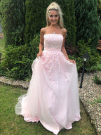 Robe de bal longue en tulle et dentelle, sans bretelles, coupe évasée, rose, tenue de soirée formelle pour remise de diplômes
