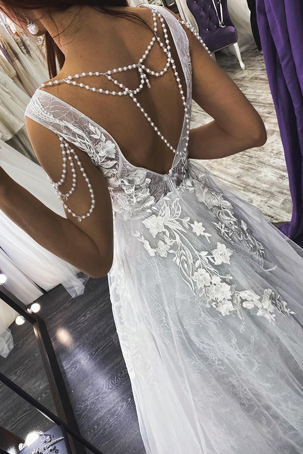 Langes A-Linien-Brautkleid mit Trägern und V-Ausschnitt, Applikationen und Perlen
