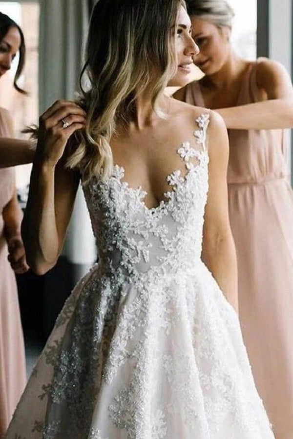 Langes A-Linien-Brautkleid mit Trägern und V-Ausschnitt, Blumenmuster und Perlen