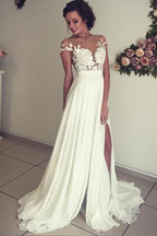 Langes A-Linien-Brautkleid aus Chiffon mit Herzausschnitt und Spitzenapplikationen und Schlitz