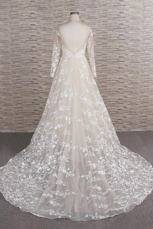 Langes A-Linien-Brautkleid aus Tüll mit Herzausschnitt und Applikationen