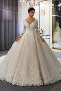 Vestido de novia largo de corte A con escote en forma de corazón, espalda descubierta, apliques de encaje y lentejuelas, con mangas