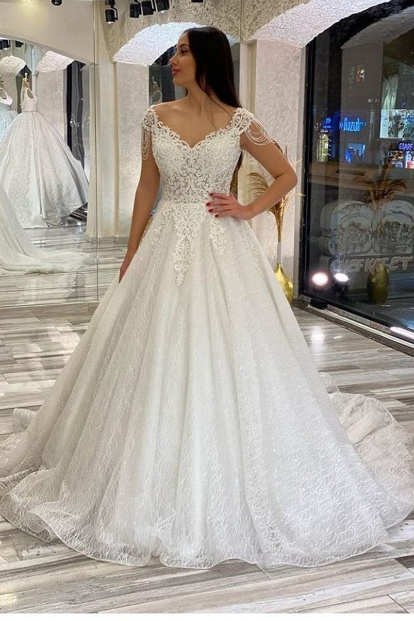 Abito da sposa lungo a linea ad A con scollo a cuore, schiena scoperta, paillettes, applicazioni e pizzo