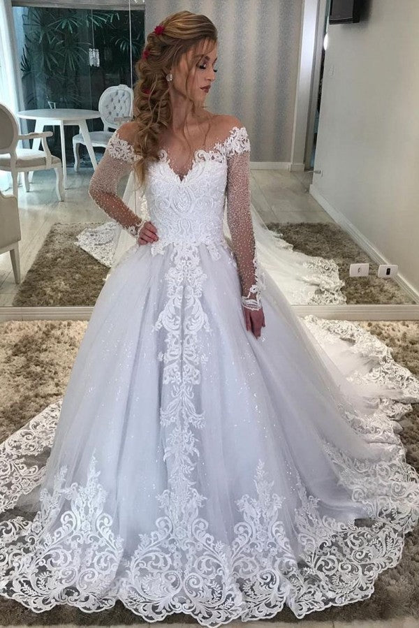Vestido de Noiva Longo em Linha A com Decote Coração, Ombros Descobertos, Aplicações de Renda e Lantejoulas, com Mangas