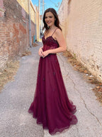 Robe de bal longue ligne A, dos en tulle, sans dos, bordeaux, robe de soirée formelle pour remise de diplôme