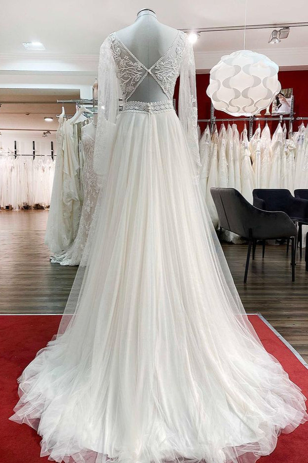 Vestido de novia largo de corte A con escote en forma de corazón, tul, cuentas, apliques de encaje y mangas
