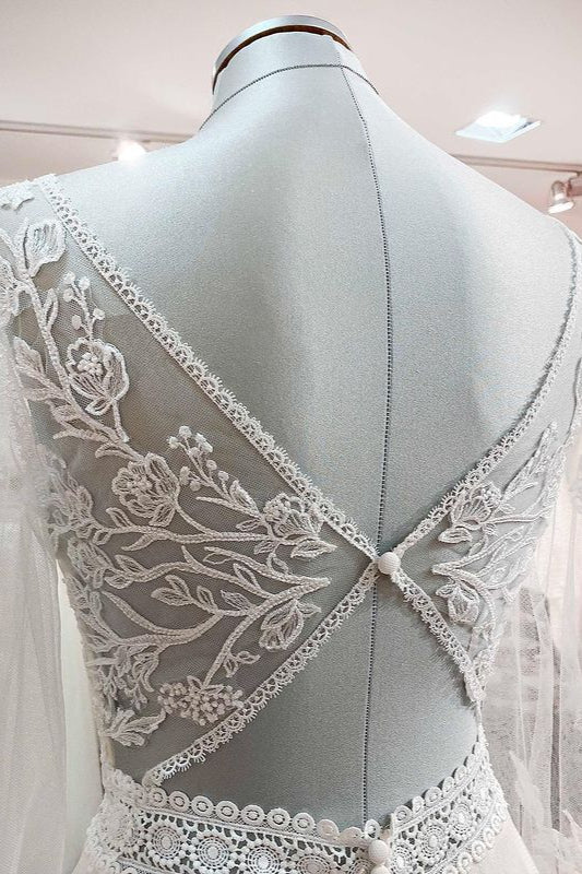 Vestido de novia largo de corte A con escote en forma de corazón, tul, cuentas, apliques de encaje y mangas
