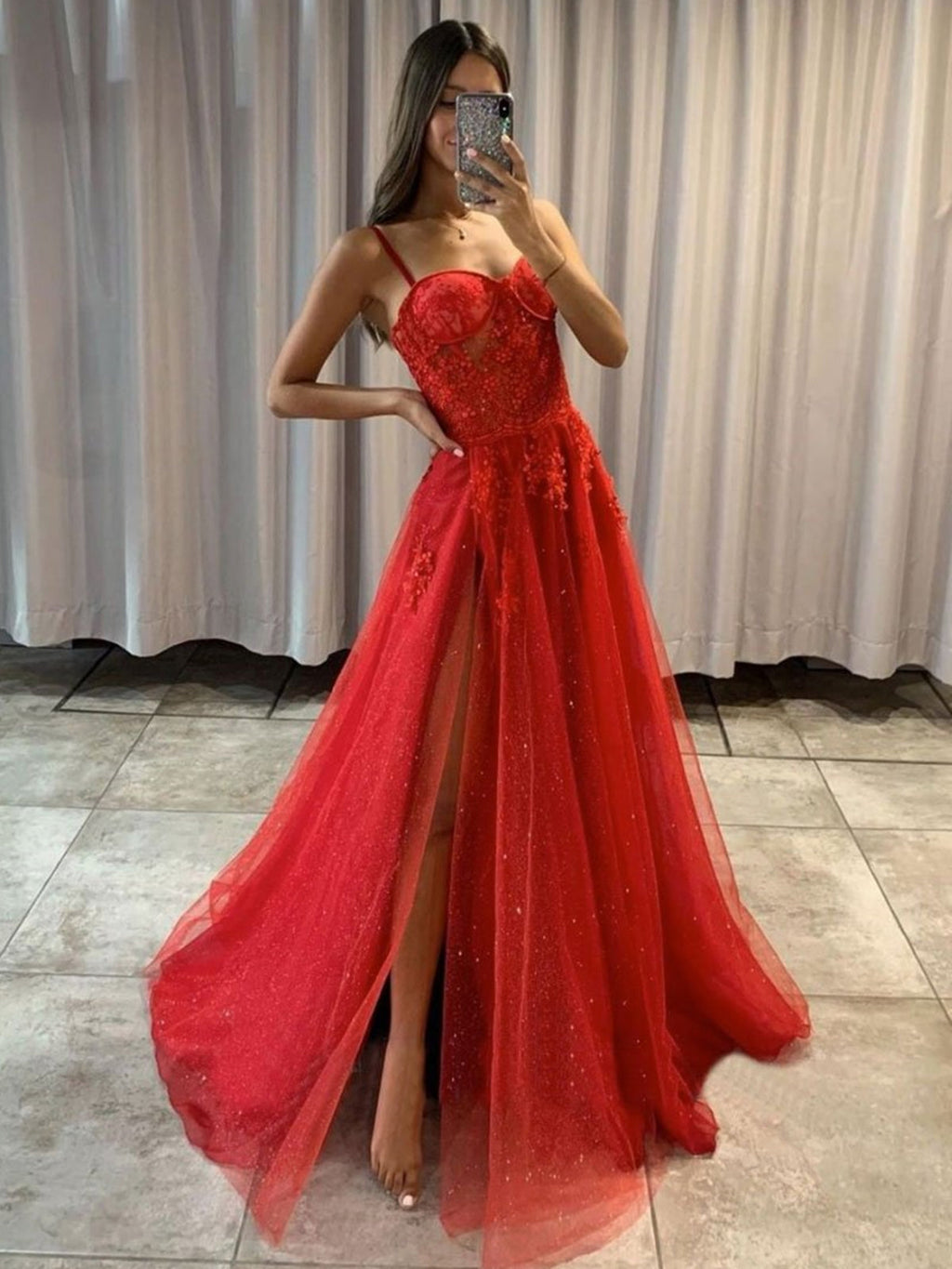 Robe de bal rouge en tulle et dentelle à encolure cœur, longue ligne A, avec fente, robe de soirée formelle