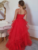 Abito da sera rosso formale lungo a linea ad A con scollo a cuore in tulle