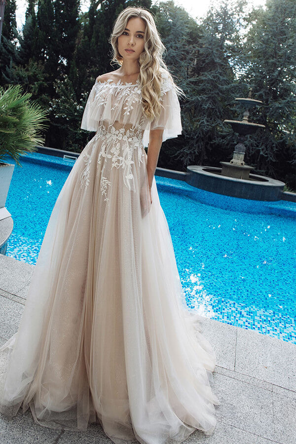 Vestido de Noiva Comprido em Tule com Aplicações de Renda e Decote Ombro a Ombro em Linha A