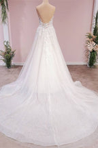 Vestido de novia largo de tul con escote en forma de A, espalda descubierta, apliques de encaje y escote corazón