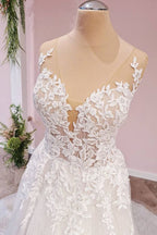 Vestido de novia largo de tul con escote en forma de A, espalda descubierta, apliques de encaje y escote corazón