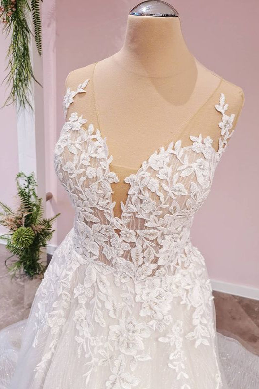 Vestido de novia largo de tul con escote en forma de A, espalda descubierta, apliques de encaje y escote corazón