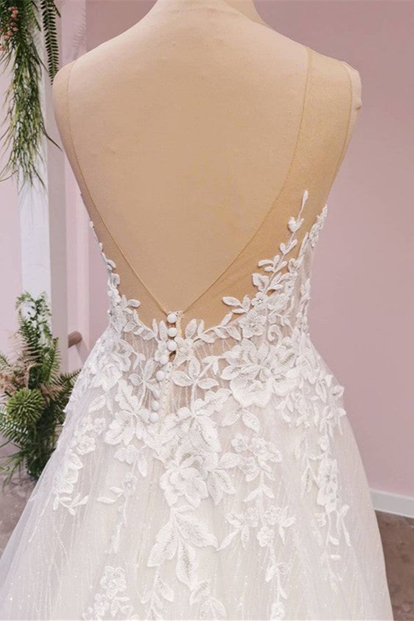 Vestido de novia largo de tul con escote en forma de A, espalda descubierta, apliques de encaje y escote corazón