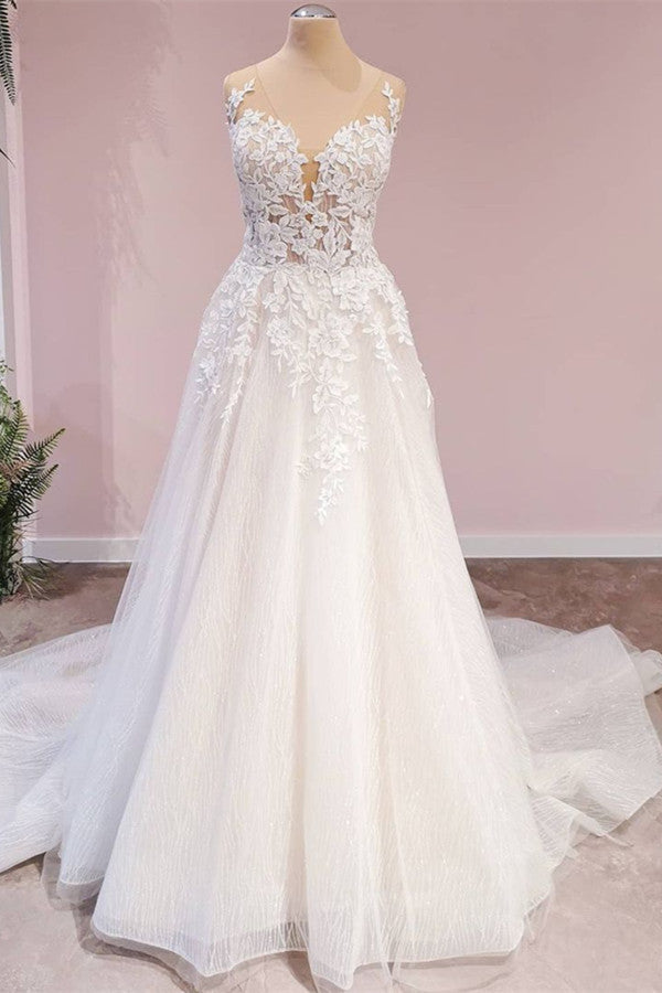 Vestido de novia largo de tul con escote en forma de A, espalda descubierta, apliques de encaje y escote corazón