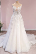 Vestido de novia largo de tul con escote en forma de A, espalda descubierta, apliques de encaje y escote corazón