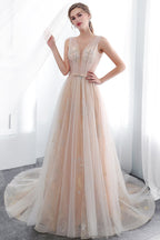 Abiti da sera lunghi a linea ad A in tulle senza schienale color champagne