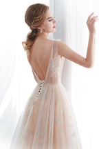 Abiti da sera lunghi a linea ad A in tulle senza schienale color champagne