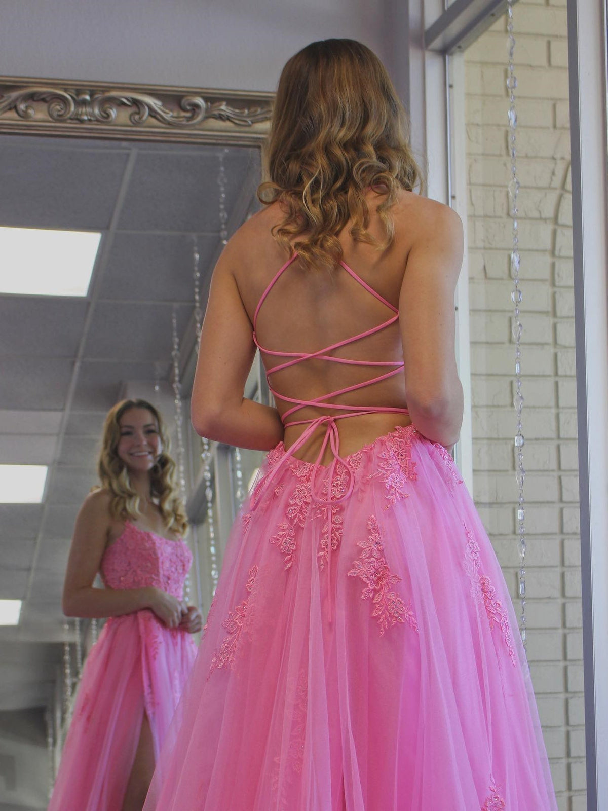 Robe de bal longue en tulle à jupe évasée, dos nu en dentelle, fendue, rose, robe de soirée formelle