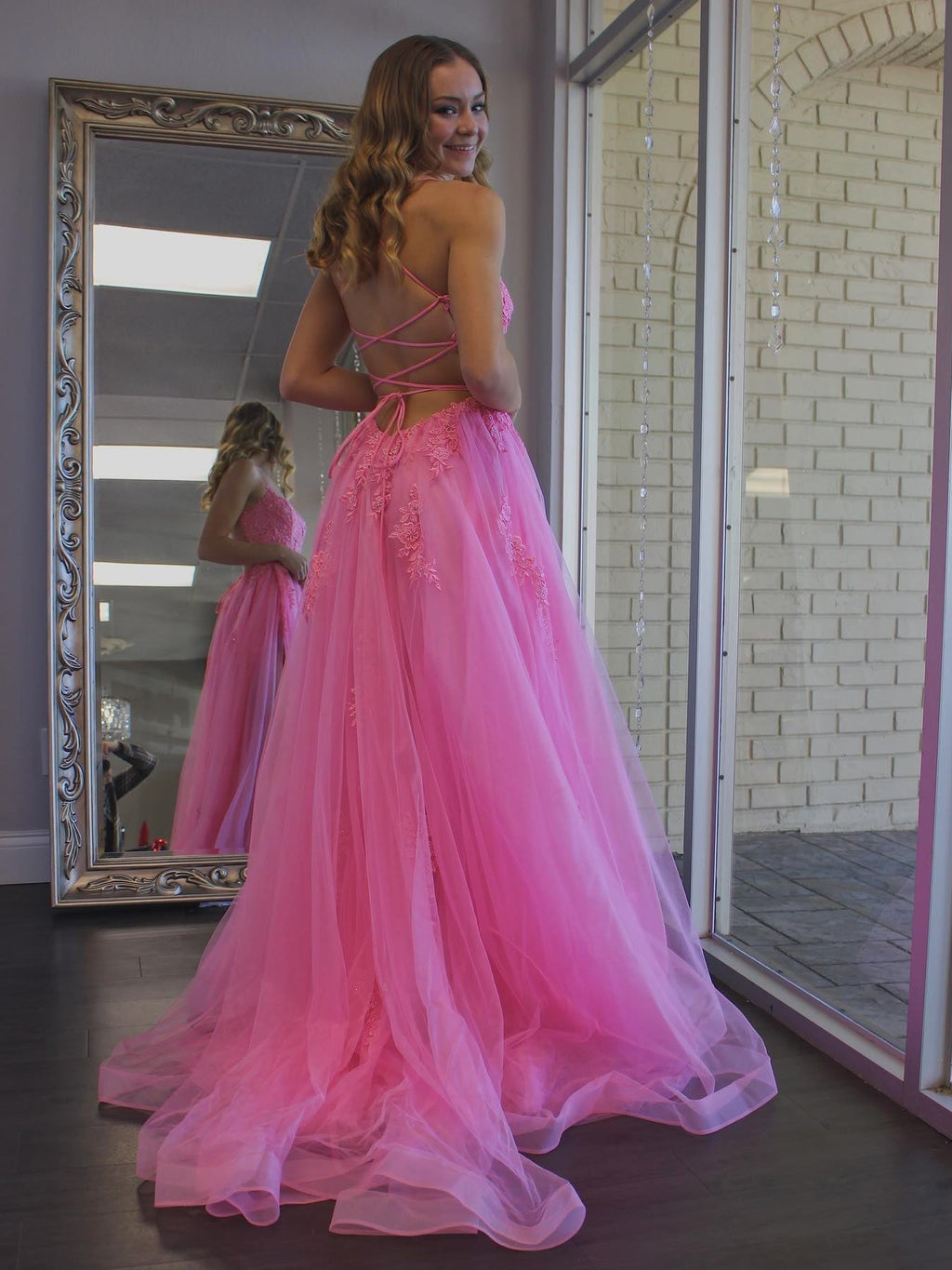 Robe de bal longue en tulle à jupe évasée, dos nu en dentelle, fendue, rose, robe de soirée formelle