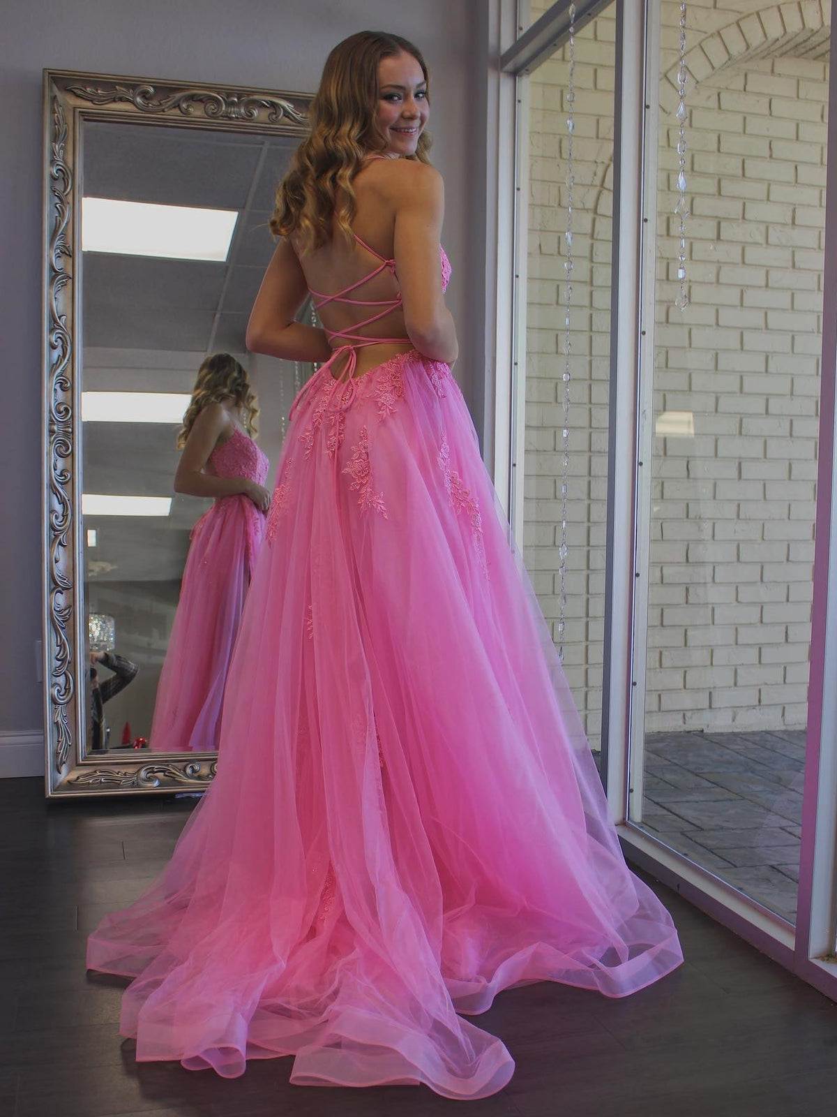 Robe de bal longue en tulle à jupe évasée, dos nu en dentelle, fendue, rose, robe de soirée formelle