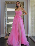 Robe de bal longue en tulle à jupe évasée, dos nu en dentelle, fendue, rose, robe de soirée formelle
