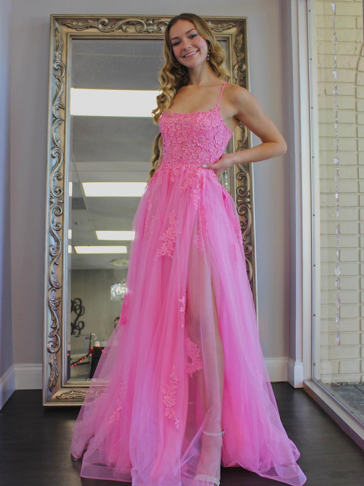 Robe de bal longue en tulle à jupe évasée, dos nu en dentelle, fendue, rose, robe de soirée formelle