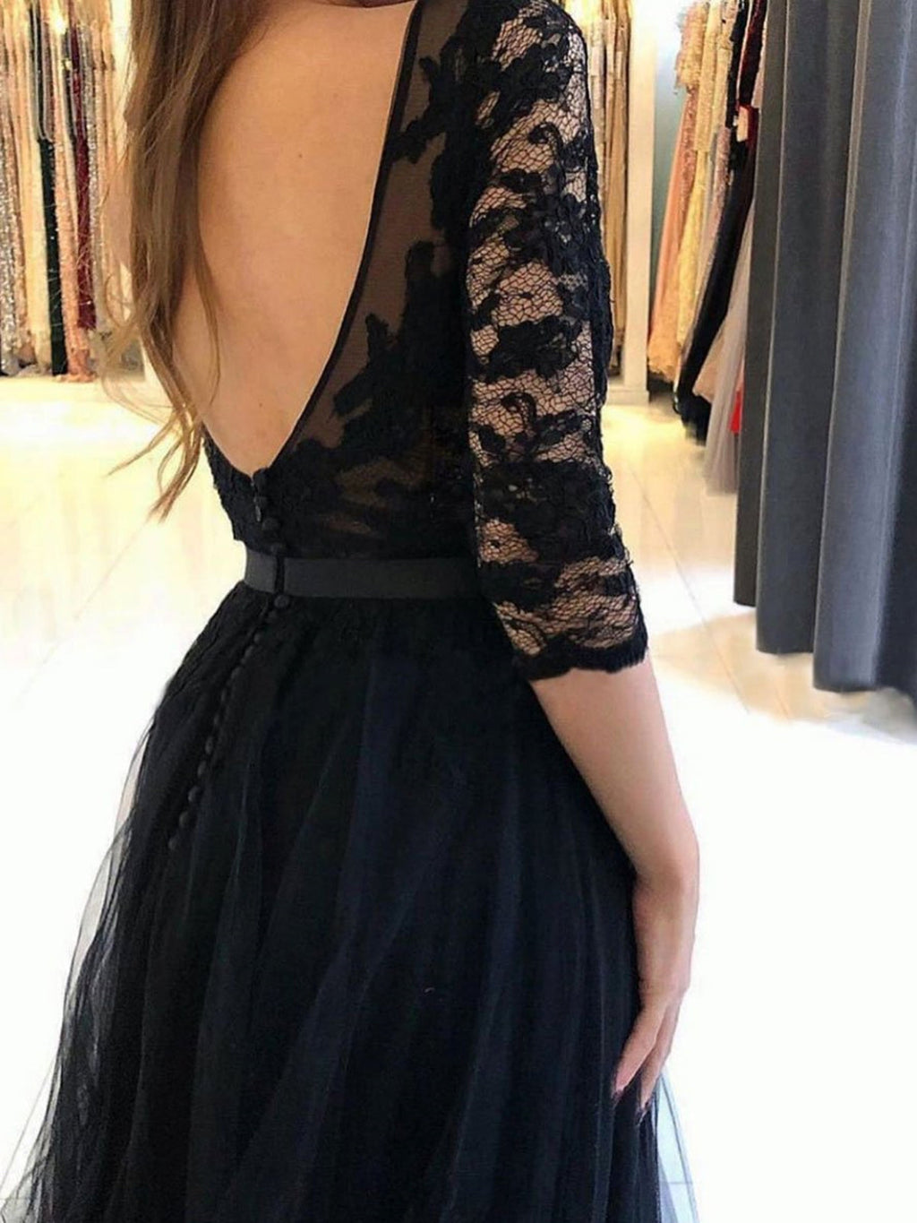 Robe de bal longue en tulle à jupe évasée, dentelle, dos ouvert, fente avant, manches mi-longues