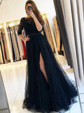 Robe de bal longue en tulle à jupe évasée, dentelle, dos ouvert, fente avant, manches mi-longues