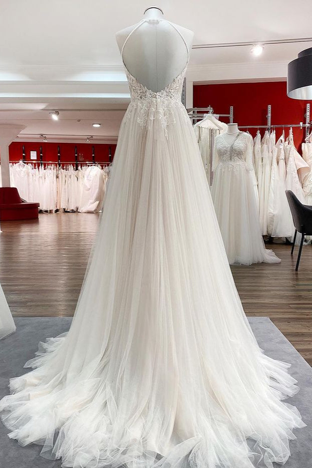 Vestidos de novia largos de tul con corte A, espalda abierta, cuello halter, sin mangas y encaje
