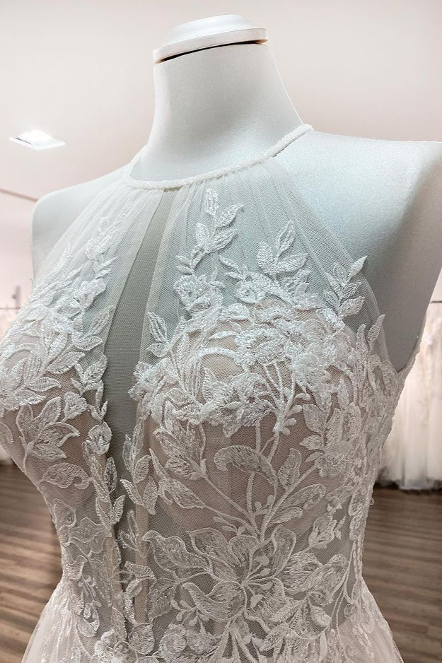 Vestidos de novia largos de tul con corte A, espalda abierta, cuello halter, sin mangas y encaje