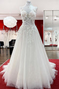 Vestido de Noiva Longo em Tule com Corte em A, Sem Mangas, Folhos e Decote com Pedraria, Aplicações de Renda