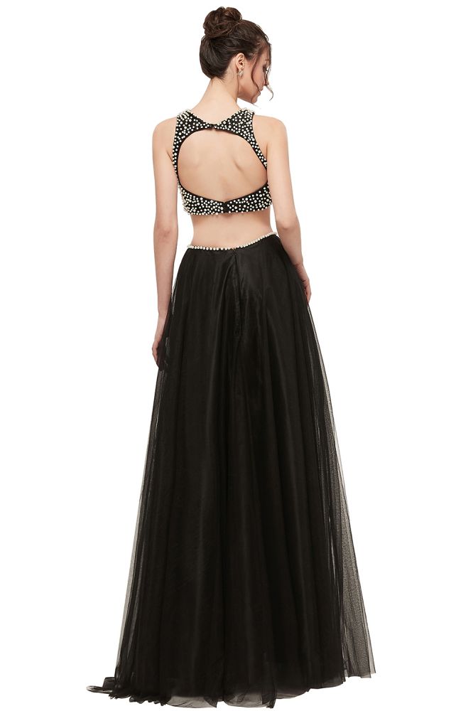 Vestidos de baile compridos em tule, dois peças, linha A, sem mangas, com pérolas
