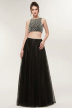 Vestidos de baile compridos em tule, dois peças, linha A, sem mangas, com pérolas