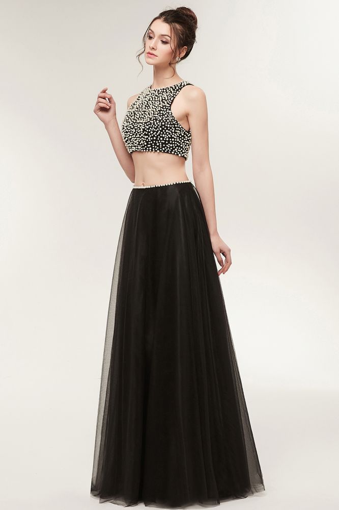 Vestidos de baile compridos em tule, dois peças, linha A, sem mangas, com pérolas