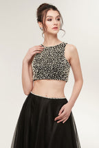 Vestidos de baile compridos em tule, dois peças, linha A, sem mangas, com pérolas