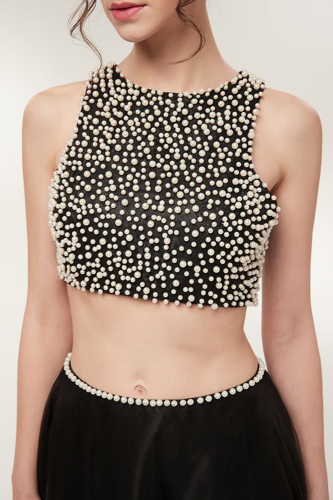 Vestidos de baile compridos em tule, dois peças, linha A, sem mangas, com pérolas