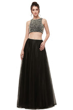 Vestidos de baile compridos em tule, dois peças, linha A, sem mangas, com pérolas