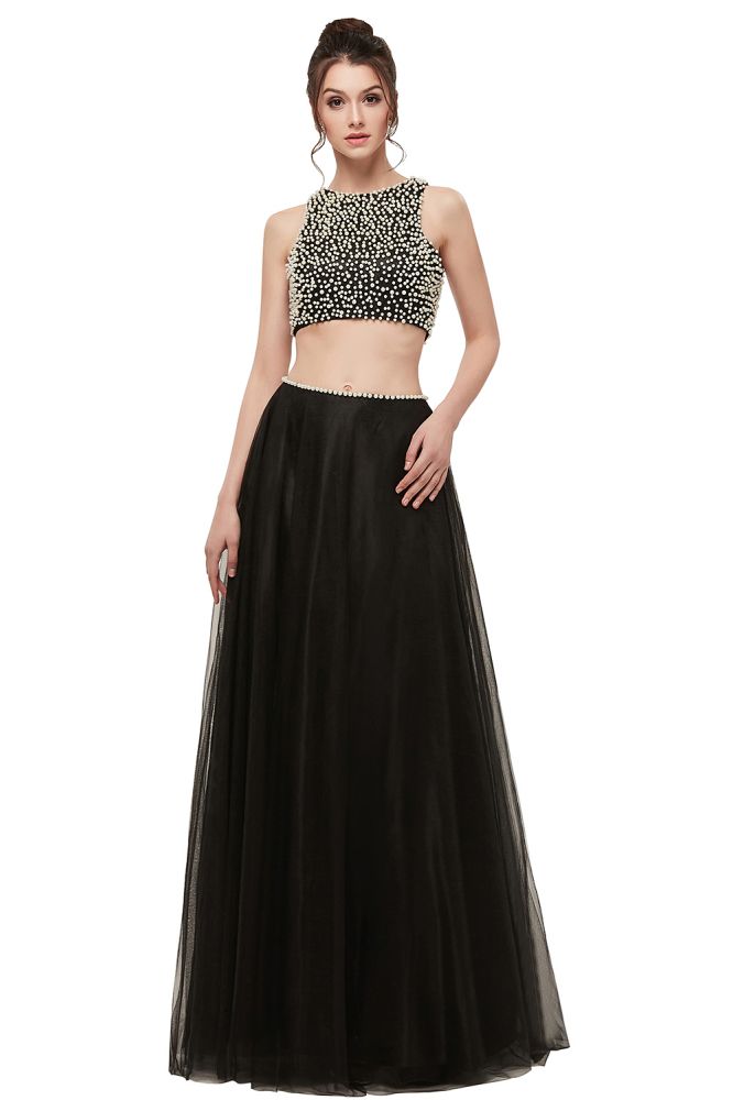 Vestidos de baile compridos em tule, dois peças, linha A, sem mangas, com pérolas