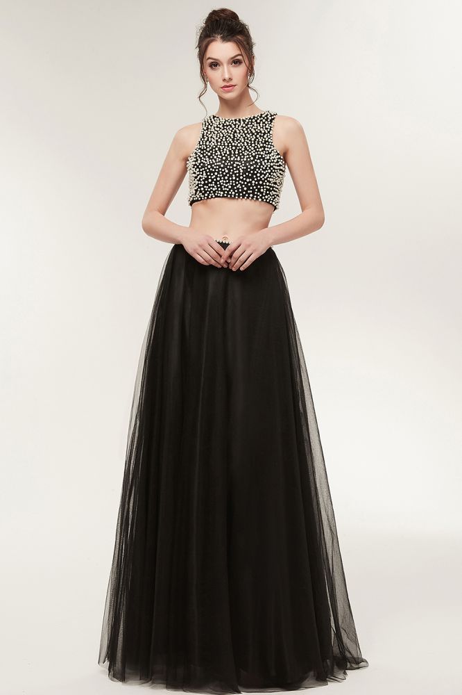 Vestidos de baile compridos em tule, dois peças, linha A, sem mangas, com pérolas