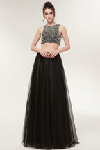 Vestidos de baile compridos em tule, dois peças, linha A, sem mangas, com pérolas