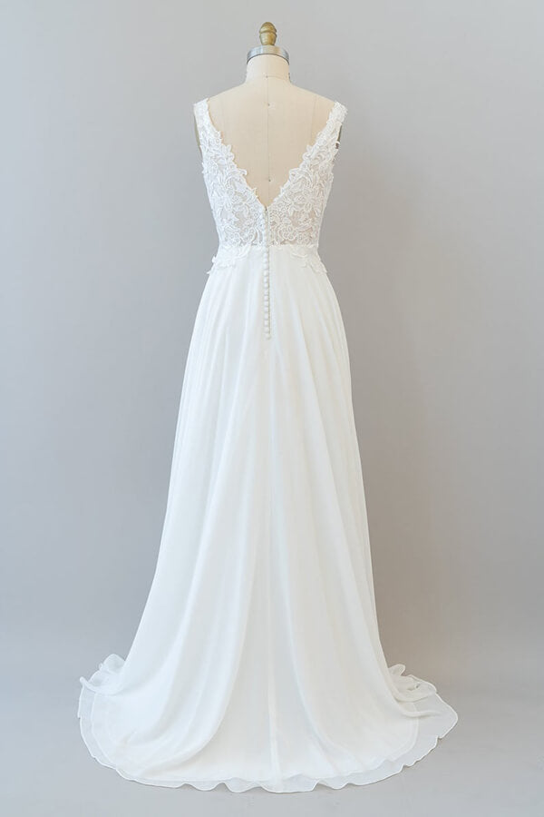 Vestido de novia largo de gasa con escote en V, apliques y encaje