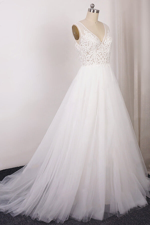 Vestido de novia largo de tul con encaje y apliques de escote en V y corte A