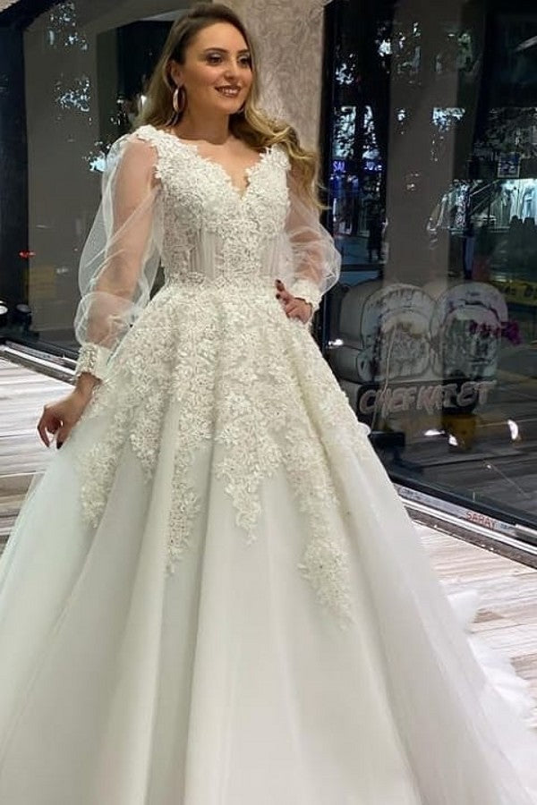 Abito da sposa lungo a linea ad A con scollo a V, applicazioni in pizzo e tulle, maniche lunghe gonfie
